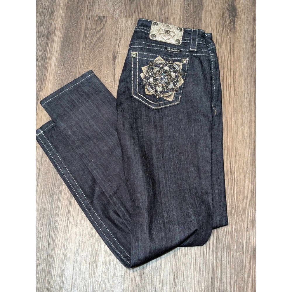Miss Me Navy Skinny Jeans with Floral Pocket